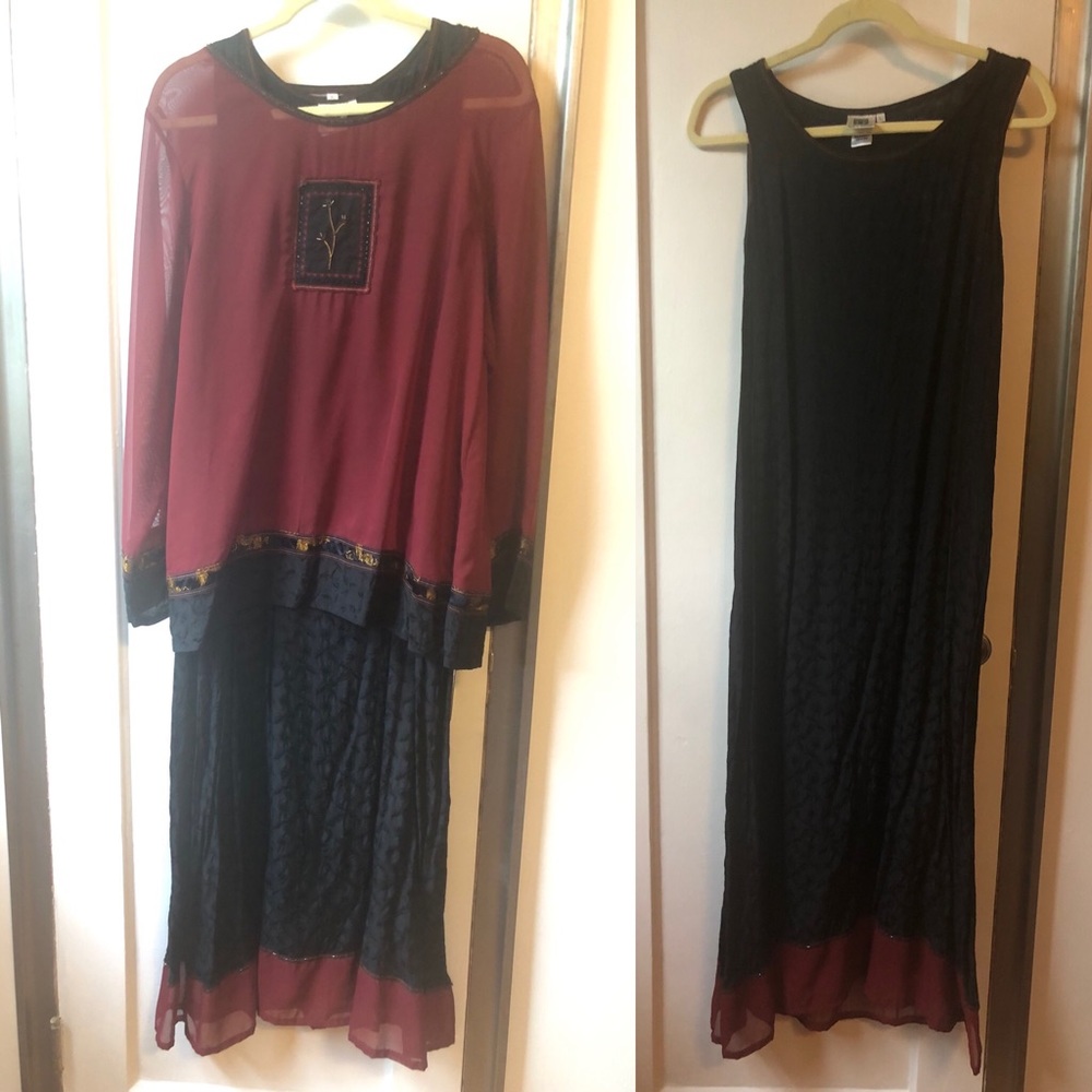 Black sheath maxi dress with sheer overblouse